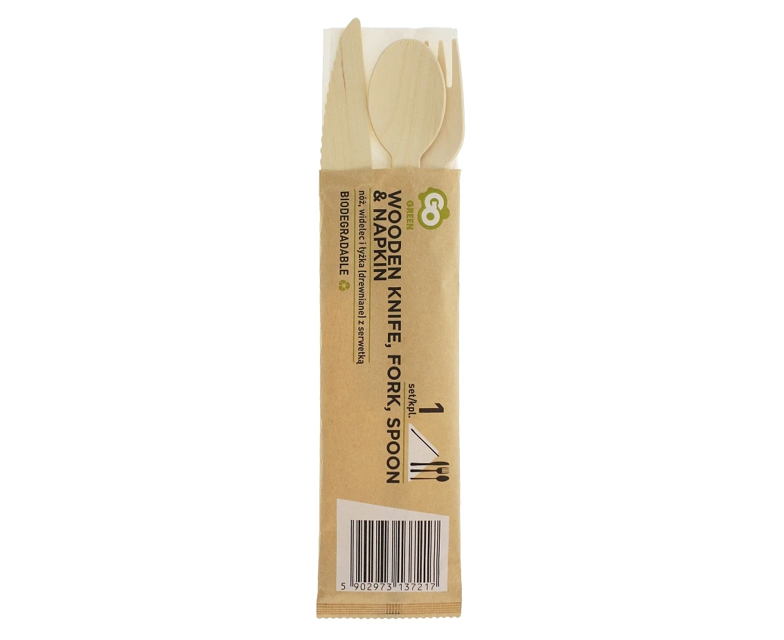 Eco-friendly collection - wooden knife, fork & spoon with napkin, 1 set EOL