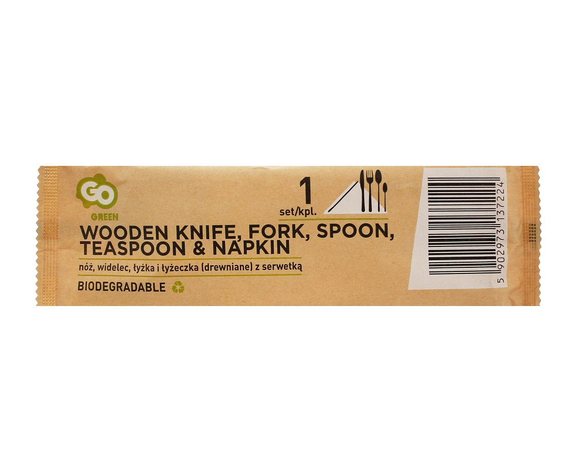 Eco-friendly collection - wooden knife, fork, spoon & tea spoon with napkin, 1 set EOL