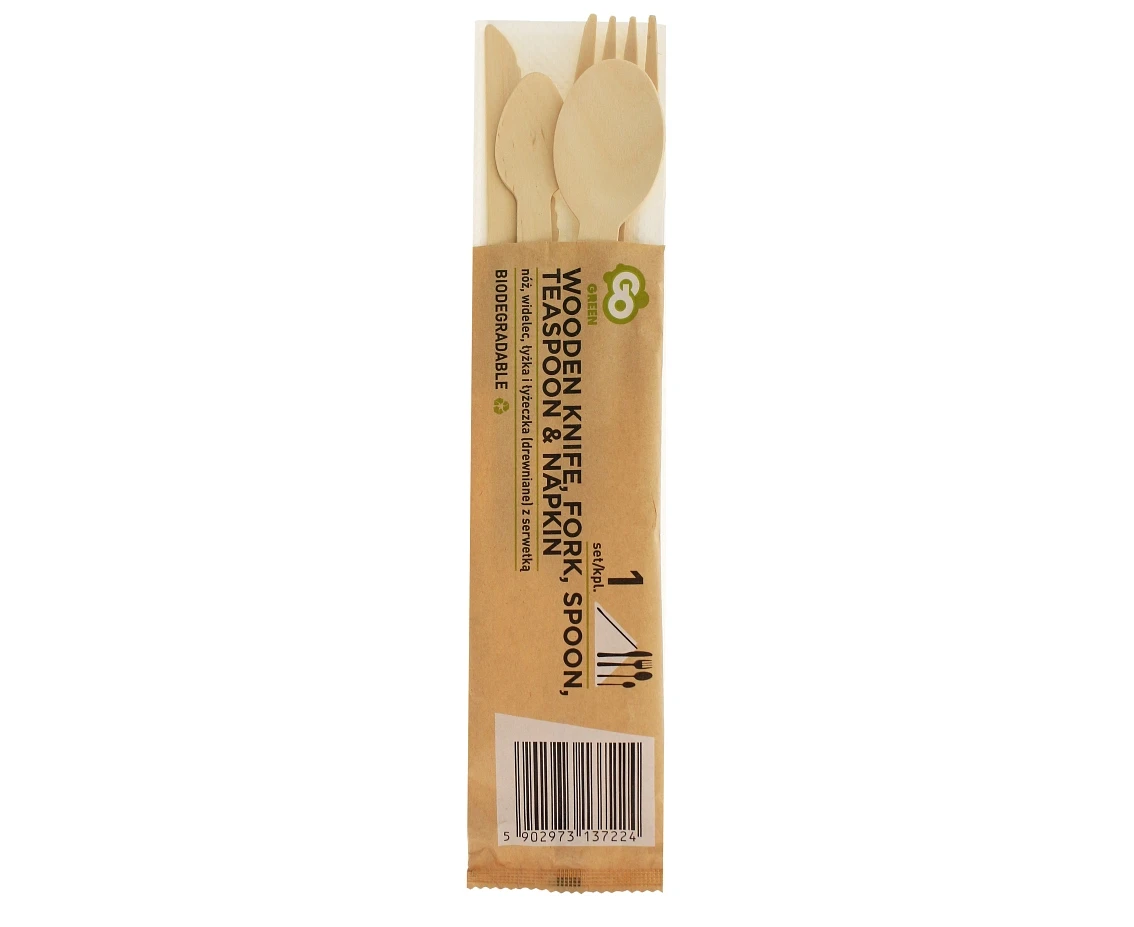 Eco-friendly collection - wooden knife, fork, spoon & tea spoon with napkin, 1 set EOL