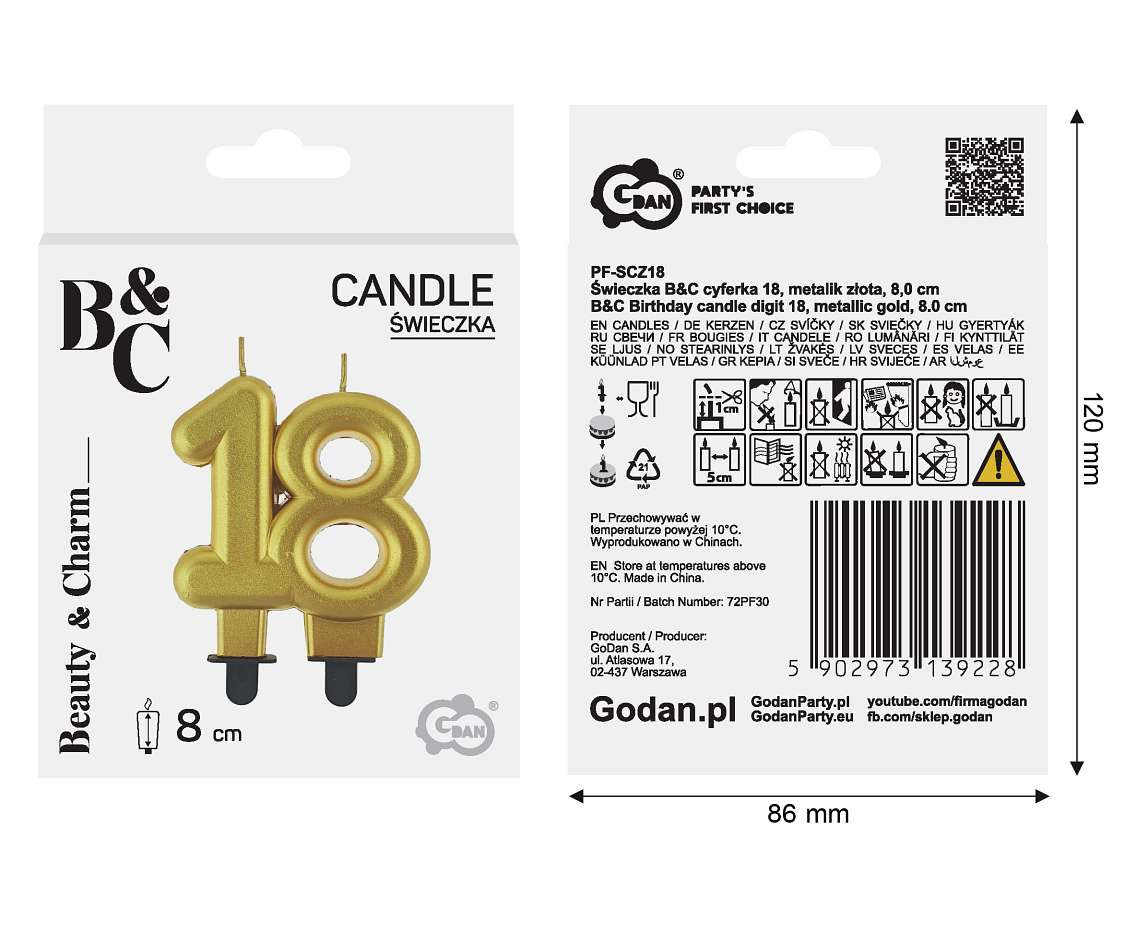 B&C digit candle 18, gold metallic, 8.0 cm