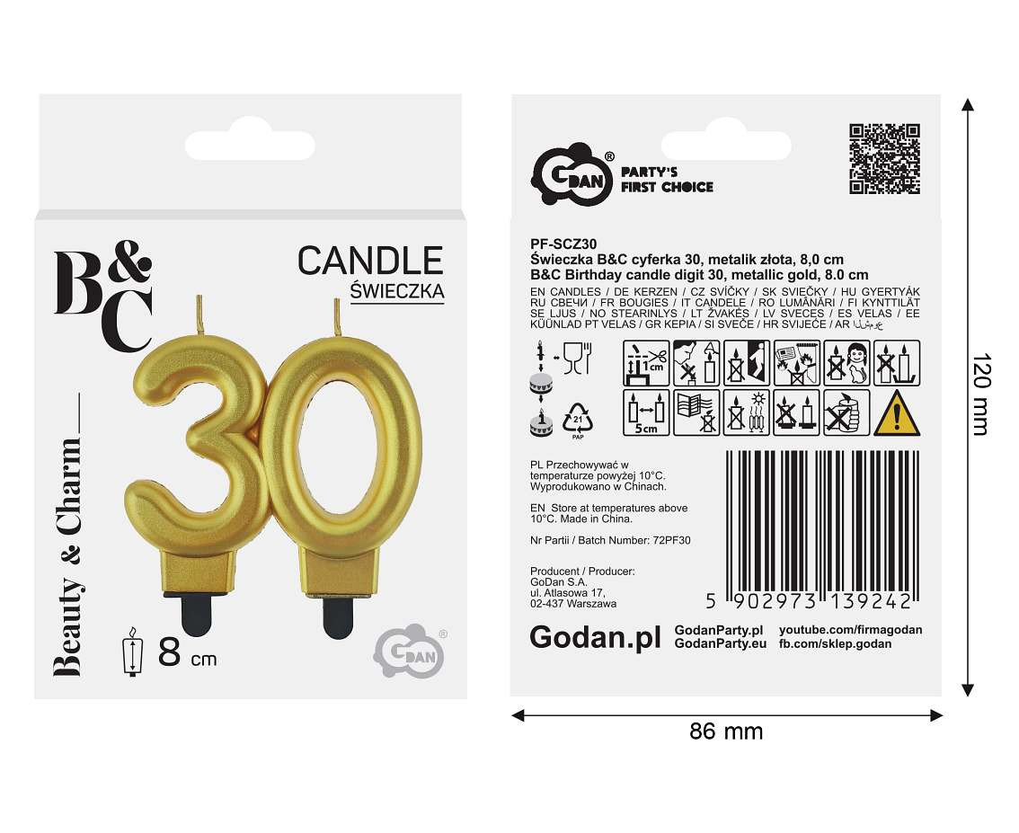 B&C digit candle 30, metallic gold, 8.0 cm
