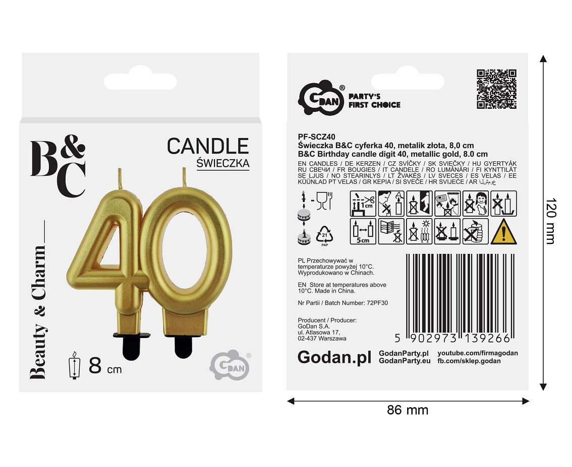 B&C digit candle 40, metallic gold, 8.0 cm
