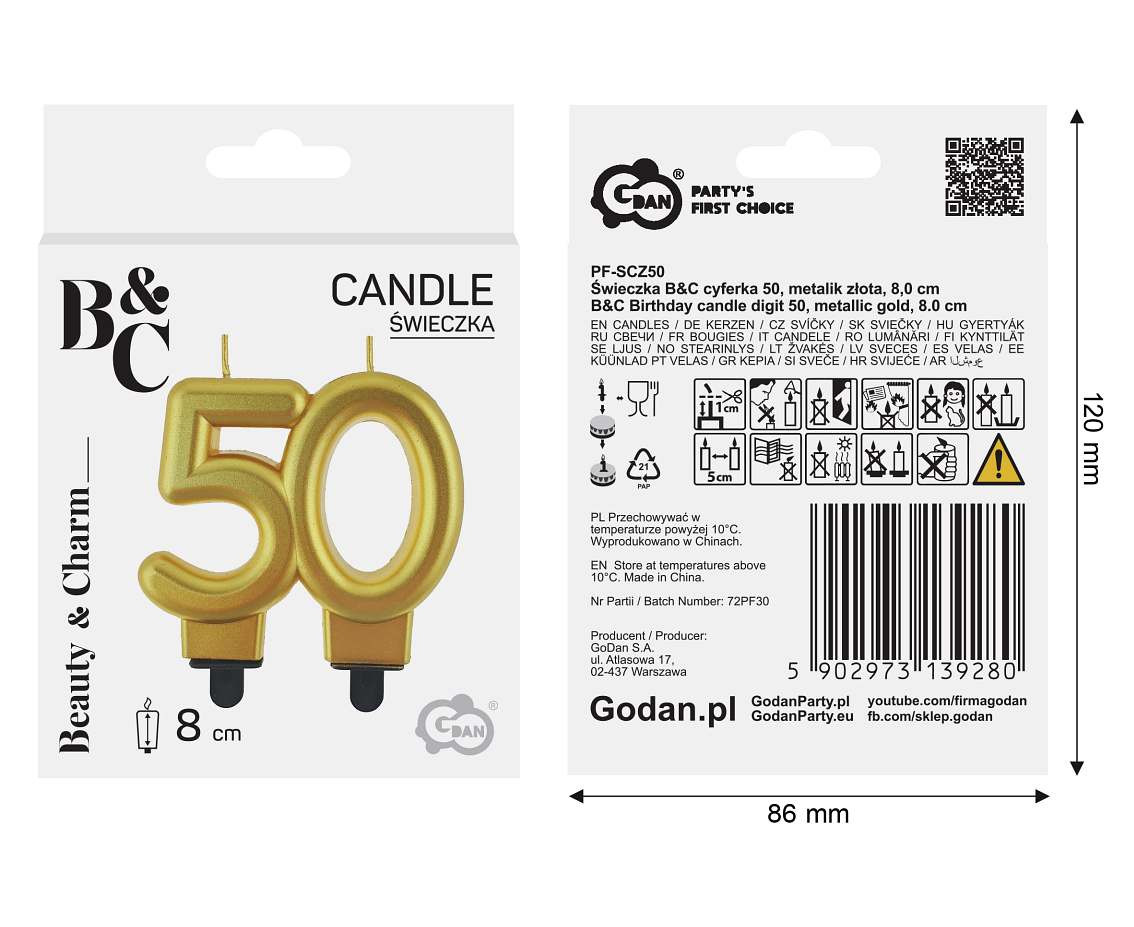 B&C digit candle 50, metallic gold, 8.0 cm