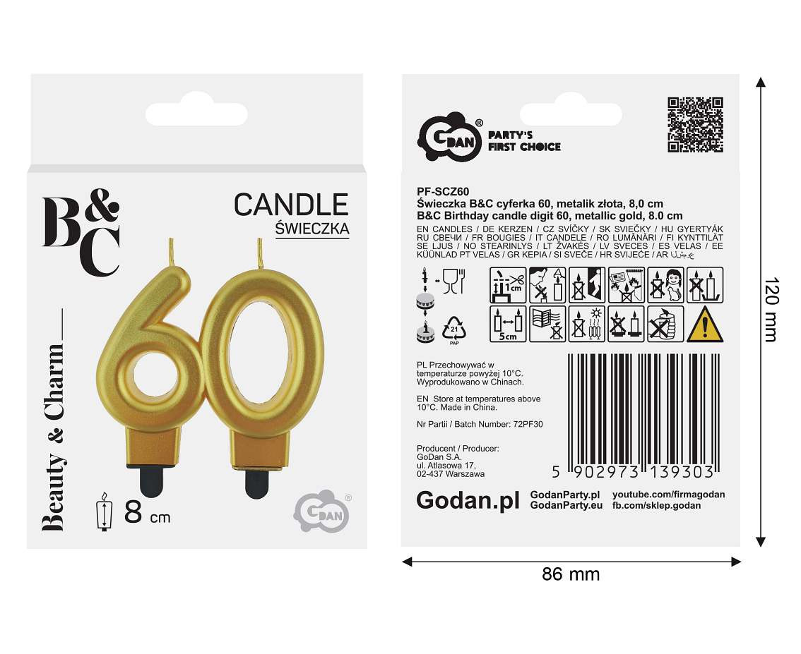 B&C digit candle 60, metallic gold, 8.0 cm