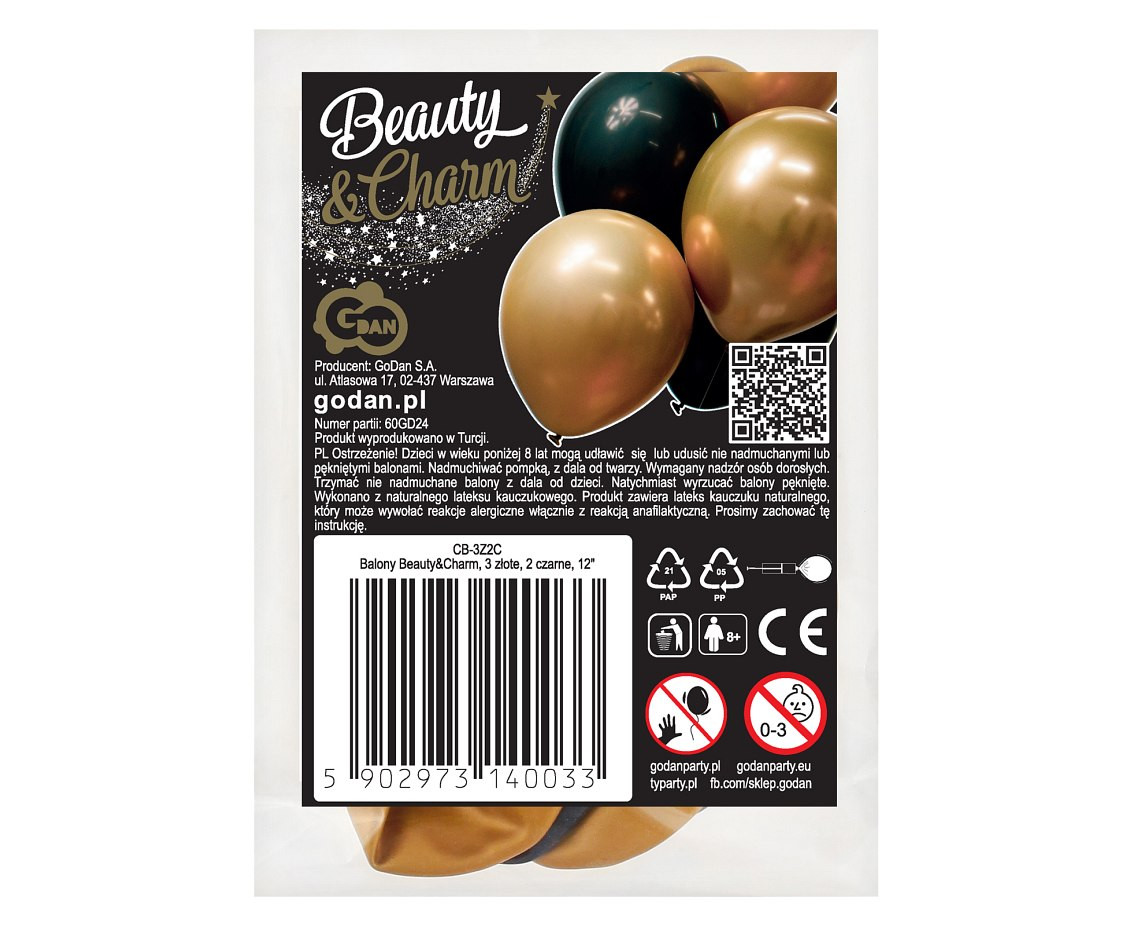 Balloons B&C 12", 3 gold and 2 black, 5pcs