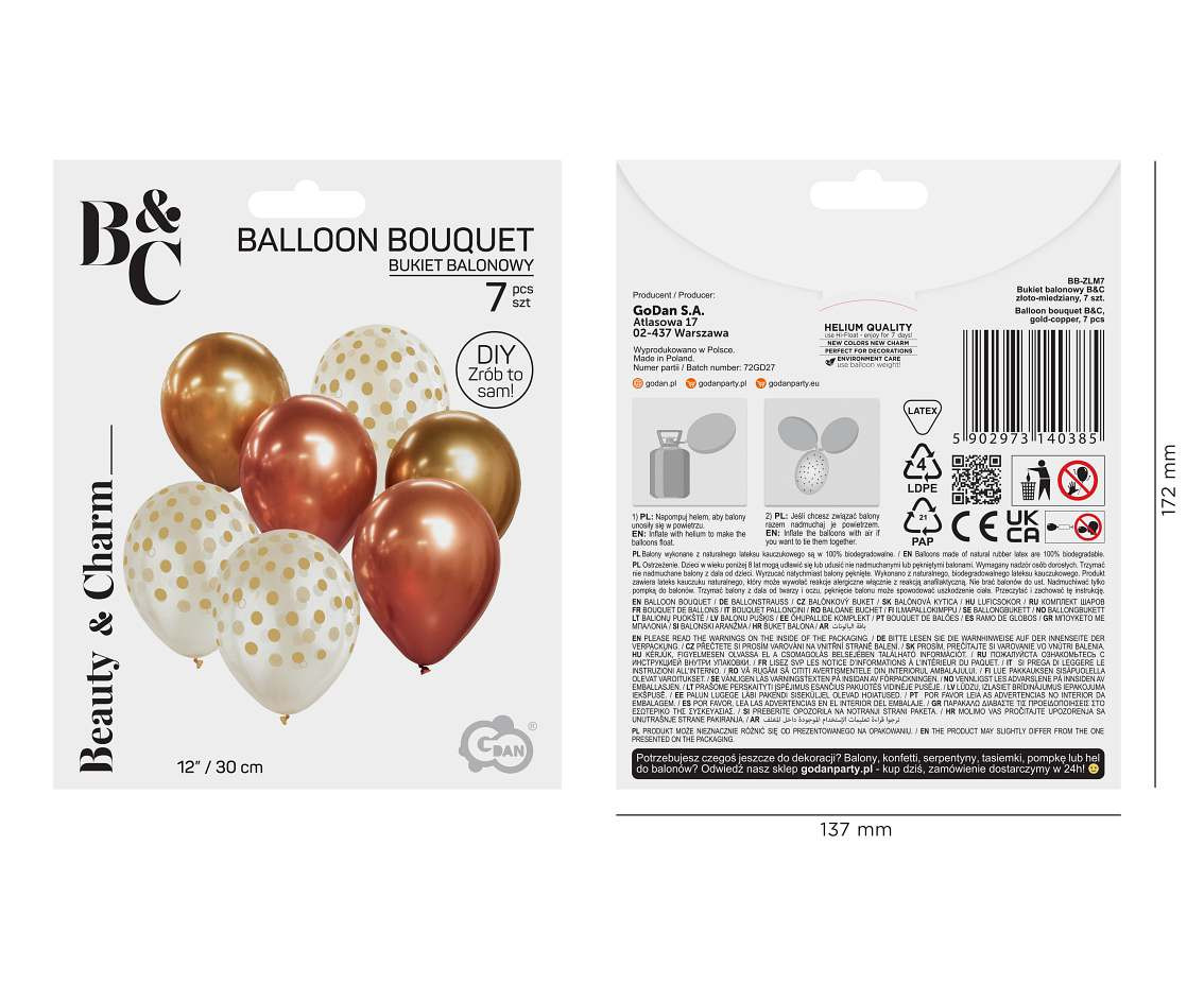 Balloon bouquet B&C, gold - copper, 7 pcs