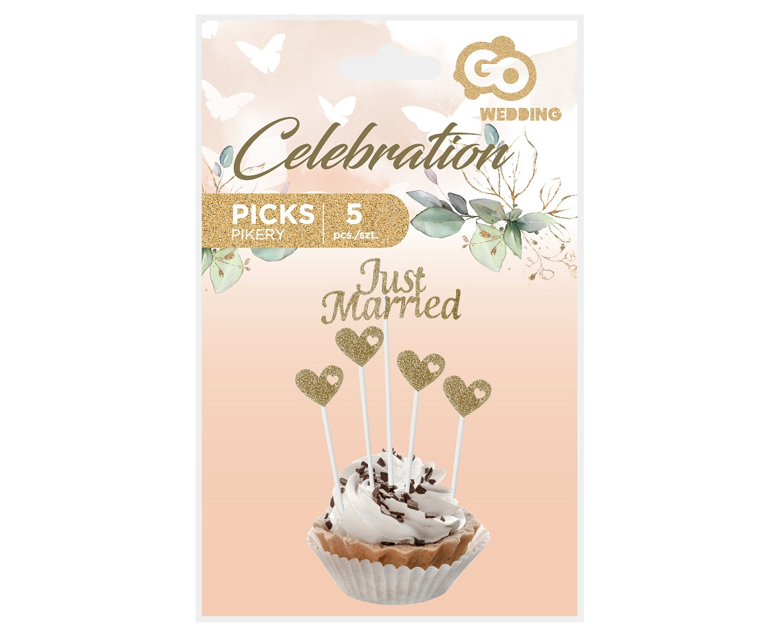 Paper picks W&C Just Married, gold glitter, 5 pcs.