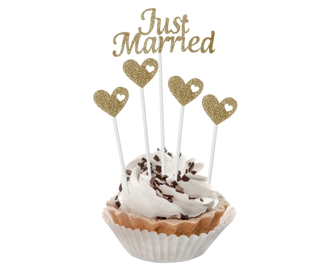 Paper picks W&C Just Married, gold glitter, 5 pcs.
