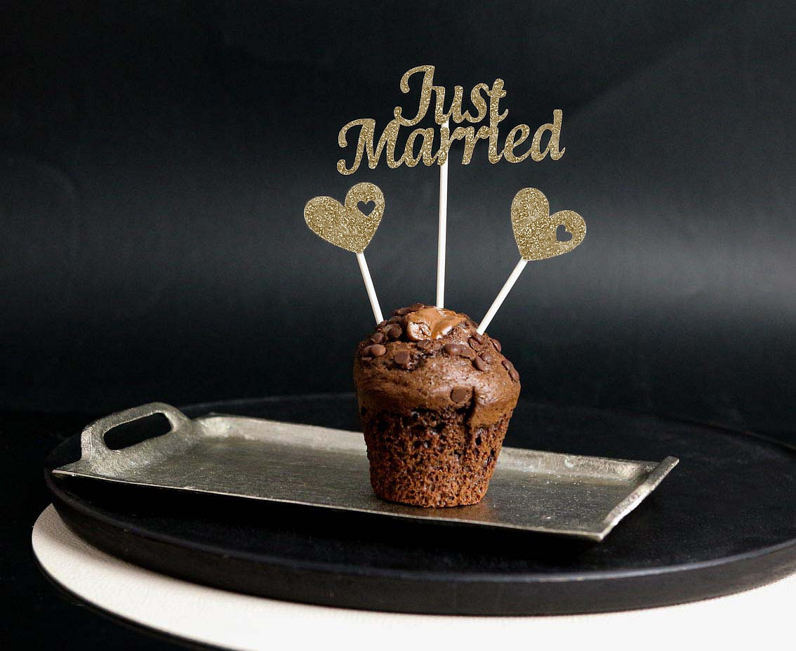 Paper picks W&C Just Married, gold glitter, 5 pcs.