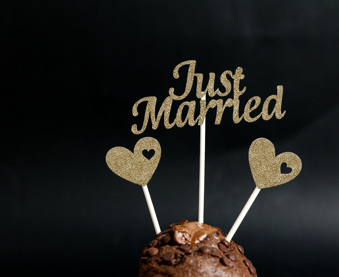 Paper picks W&C Just Married, gold glitter, 5 pcs.
