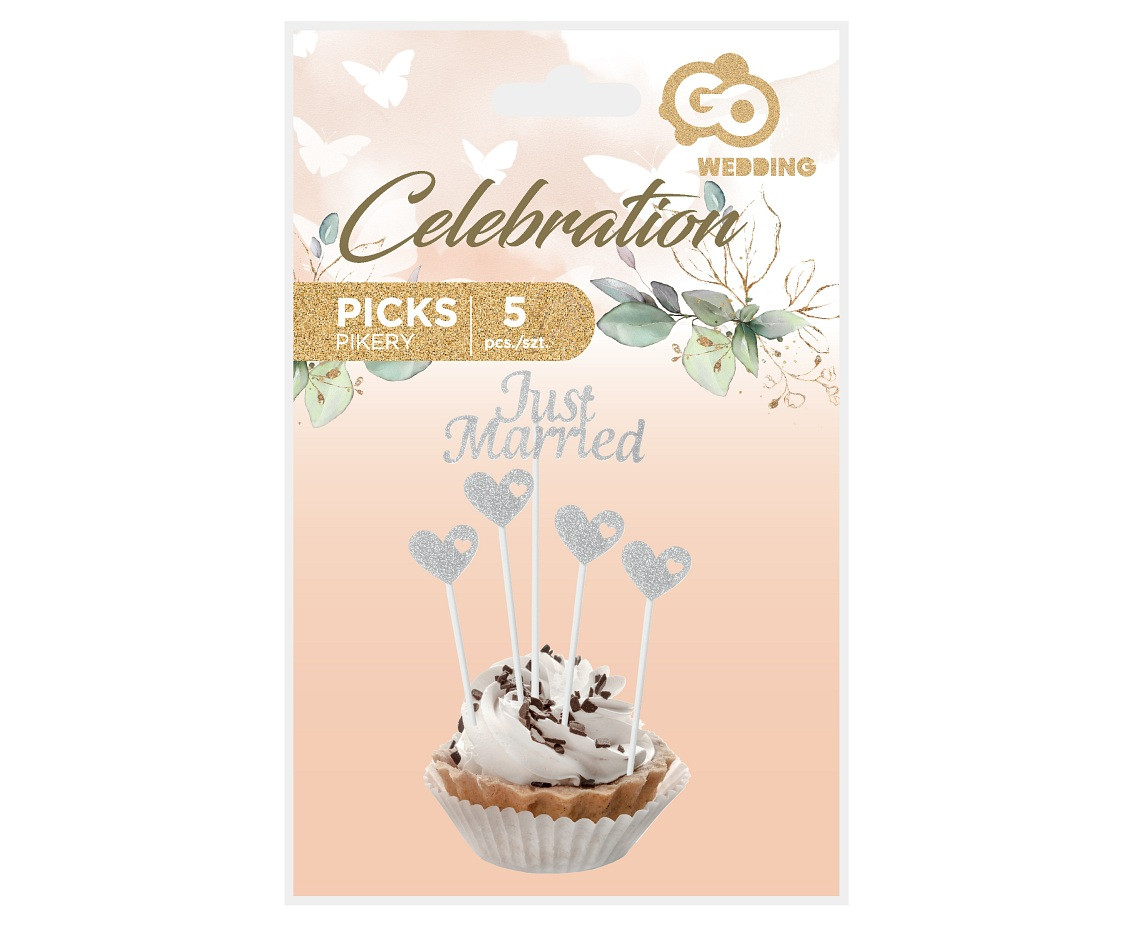 Paper picks W&C Just Married, silver glitter, 5 pcs.