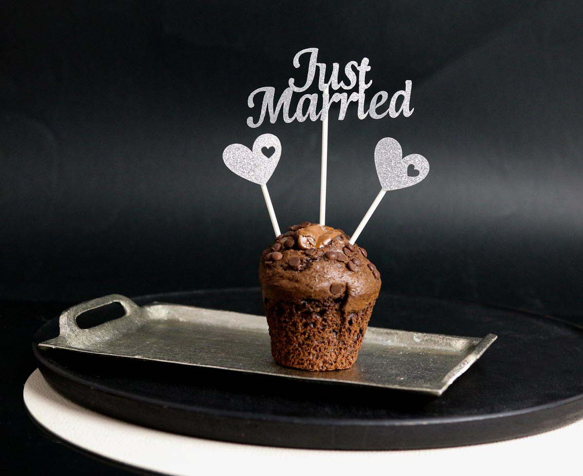 Paper picks W&C Just Married, silver glitter, 5 pcs.