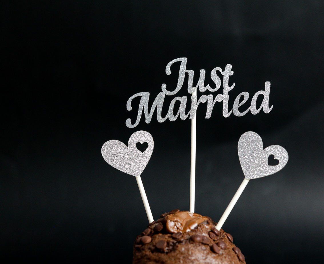 Paper picks W&C Just Married, silver glitter, 5 pcs.