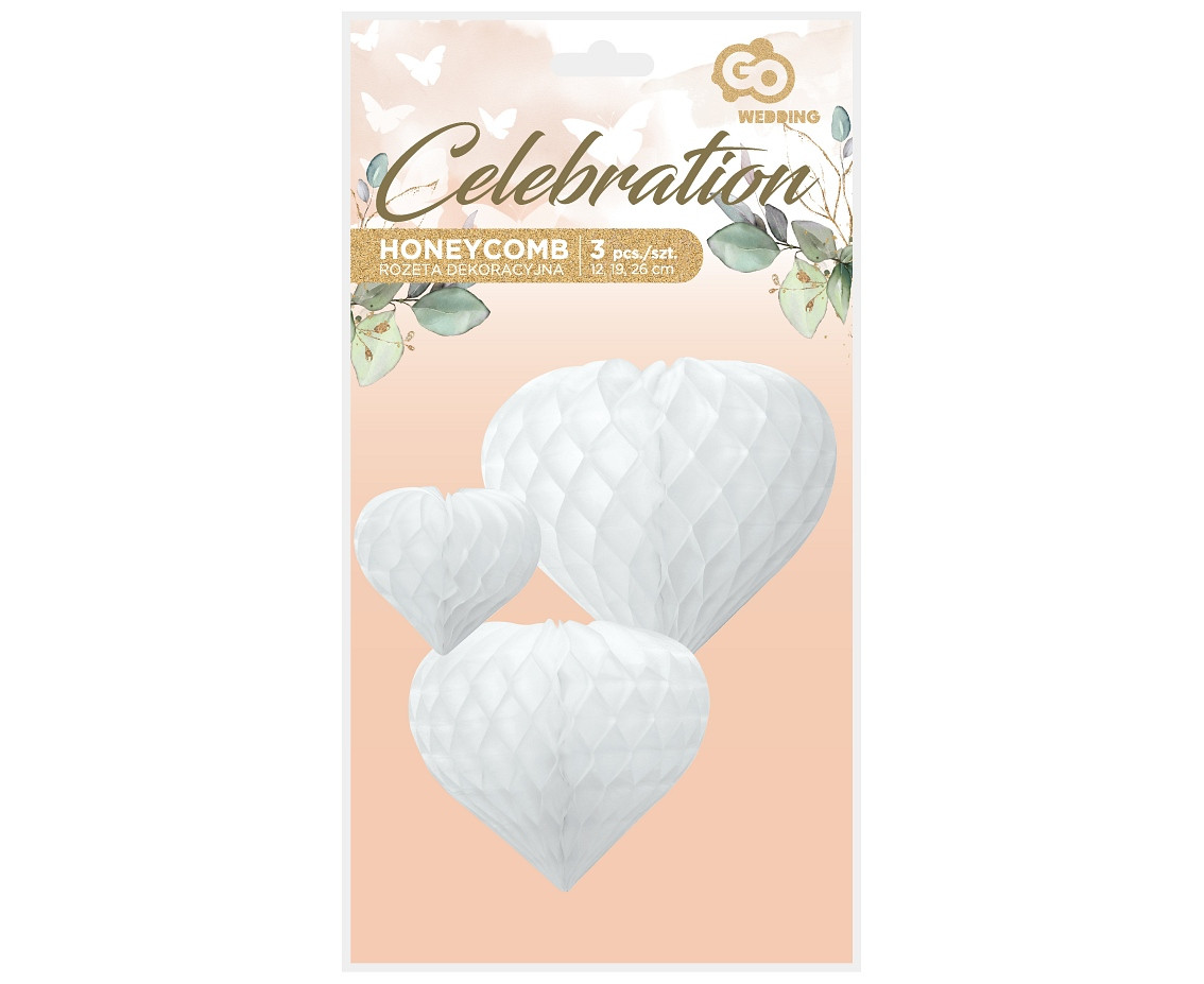 Paper honeycomb decoration W&C 3 hearts, white (12 cm, 19 cm, 26 cm)