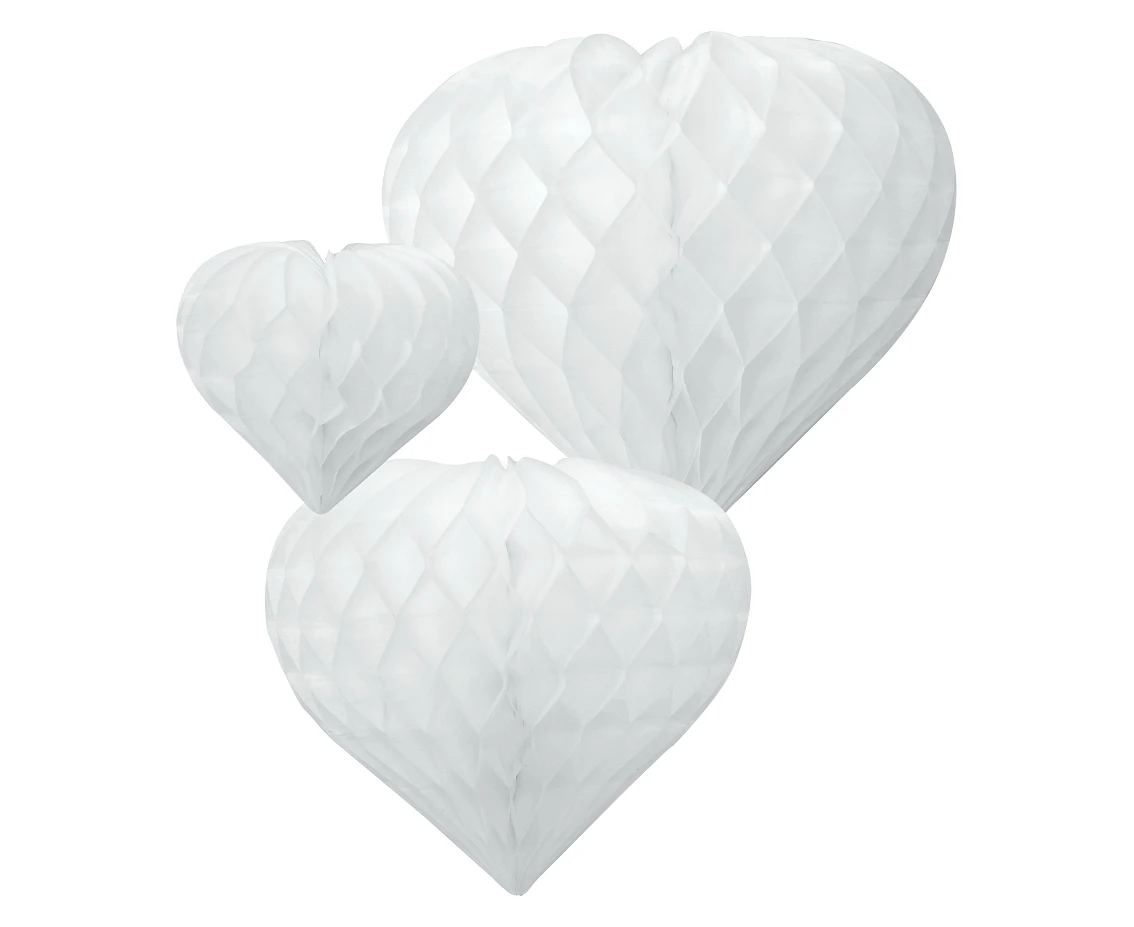 Paper honeycomb decoration W&C 3 hearts, white (12 cm, 19 cm, 26 cm)