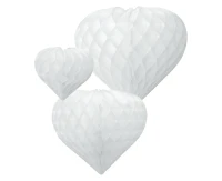 Paper honeycomb decoration W&C 3 hearts, white (12 cm, 19 cm, 26 cm)