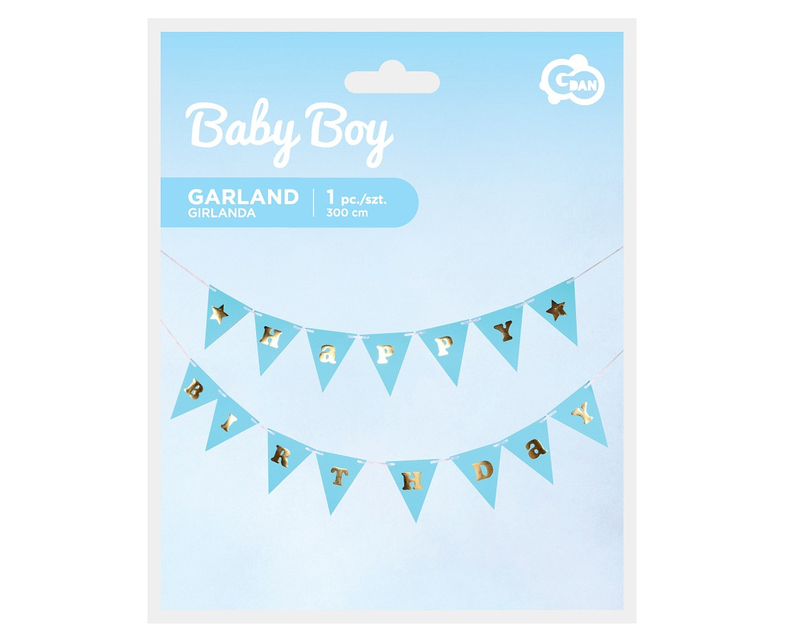 Paper garland B&G Happy Birthday Baby Boy, light blue, 300 cm, flag height 17 cm