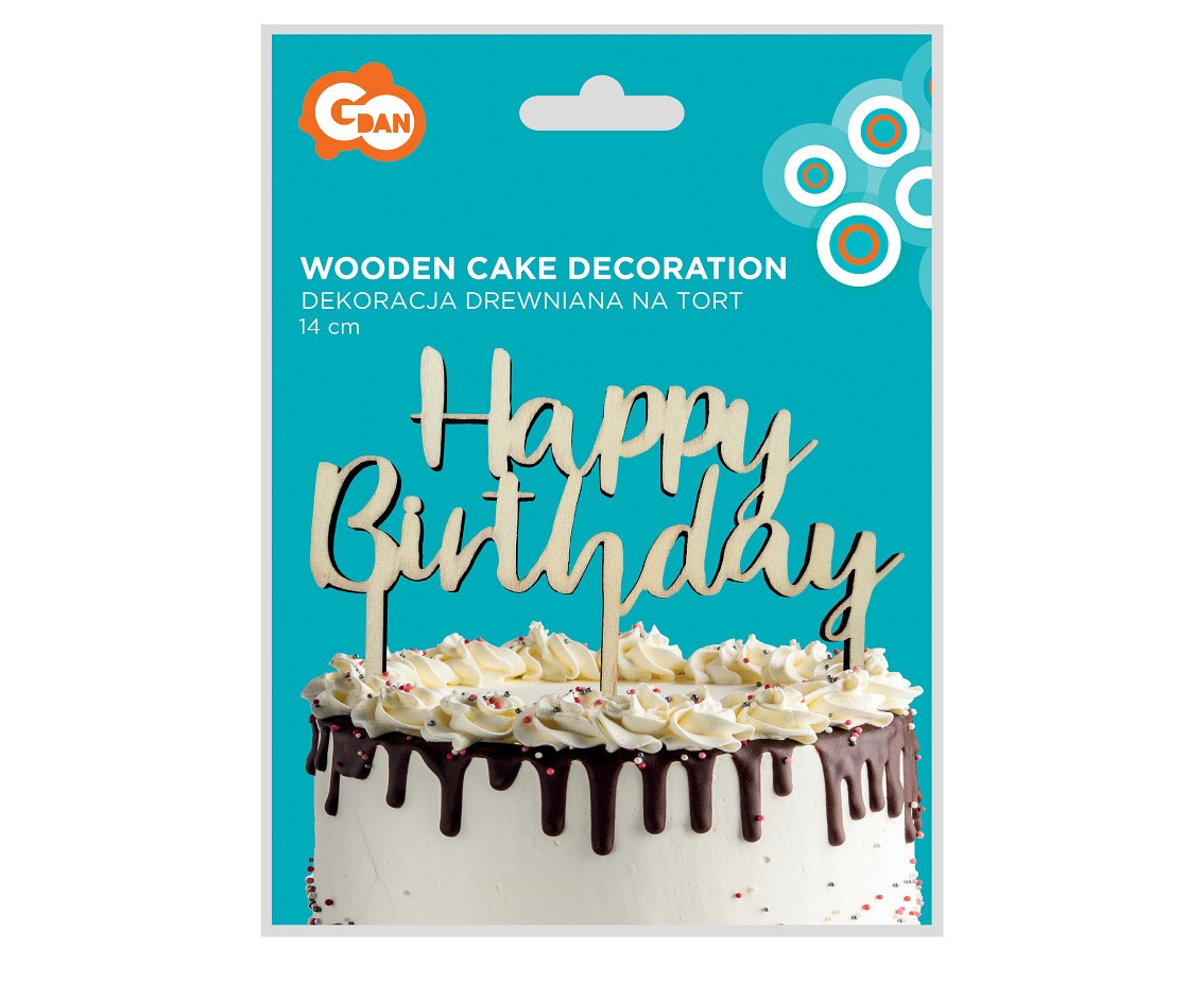 Wooden cake decoration Happy Birthday, 13 x 14 cm