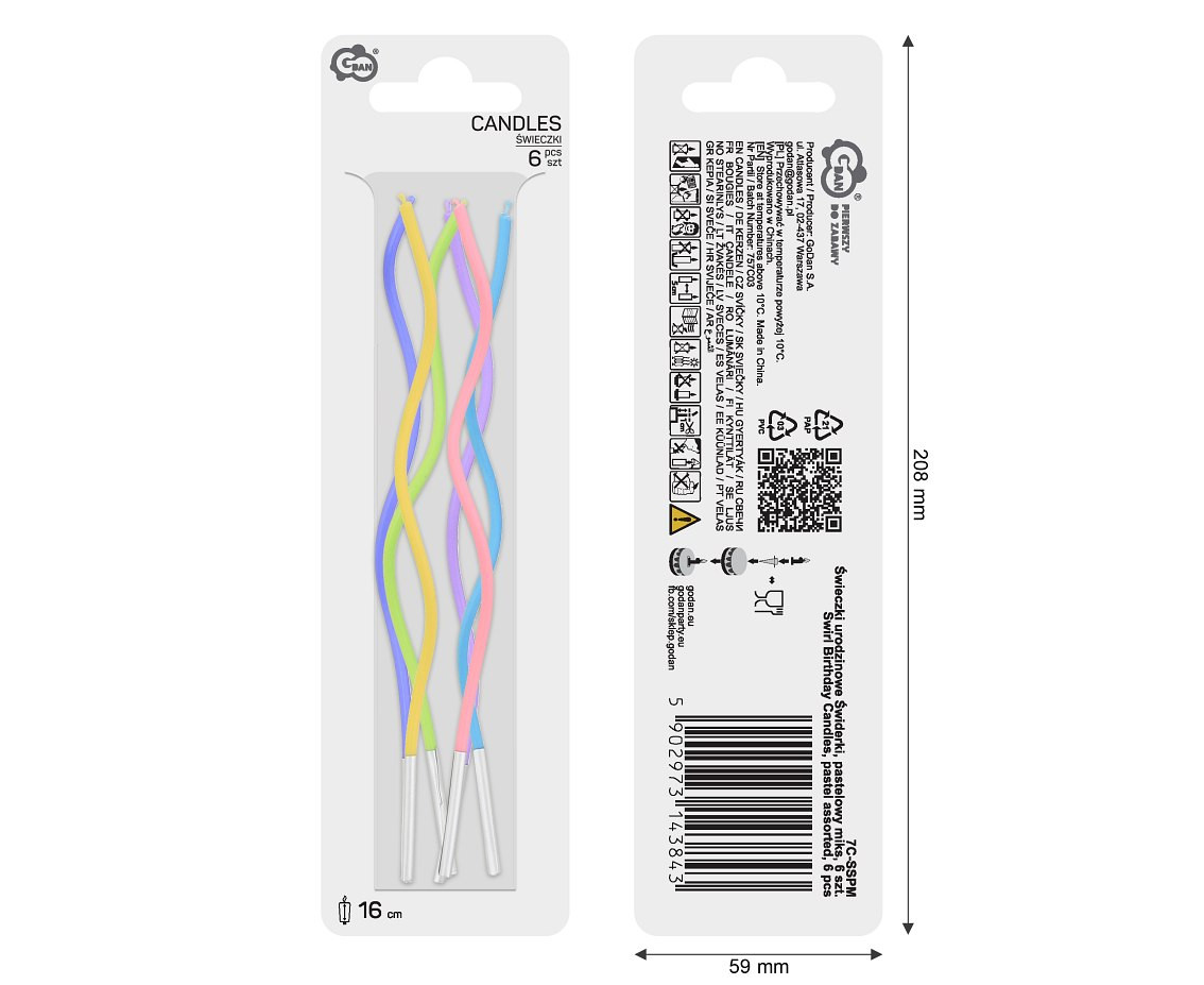 Swirl birthday candles, pastel assorted, 6 pcs