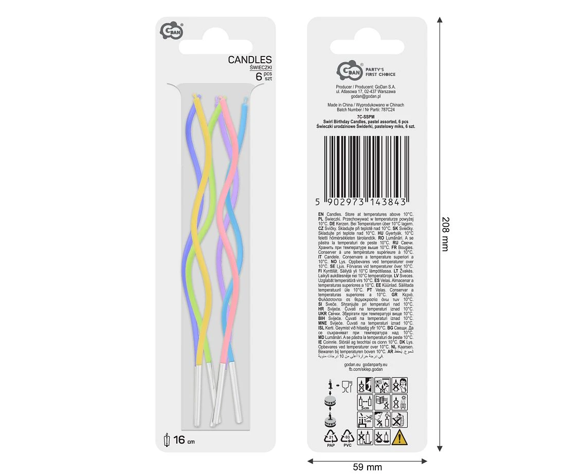 Swirl birthday candles, pastel assorted, 6 pcs