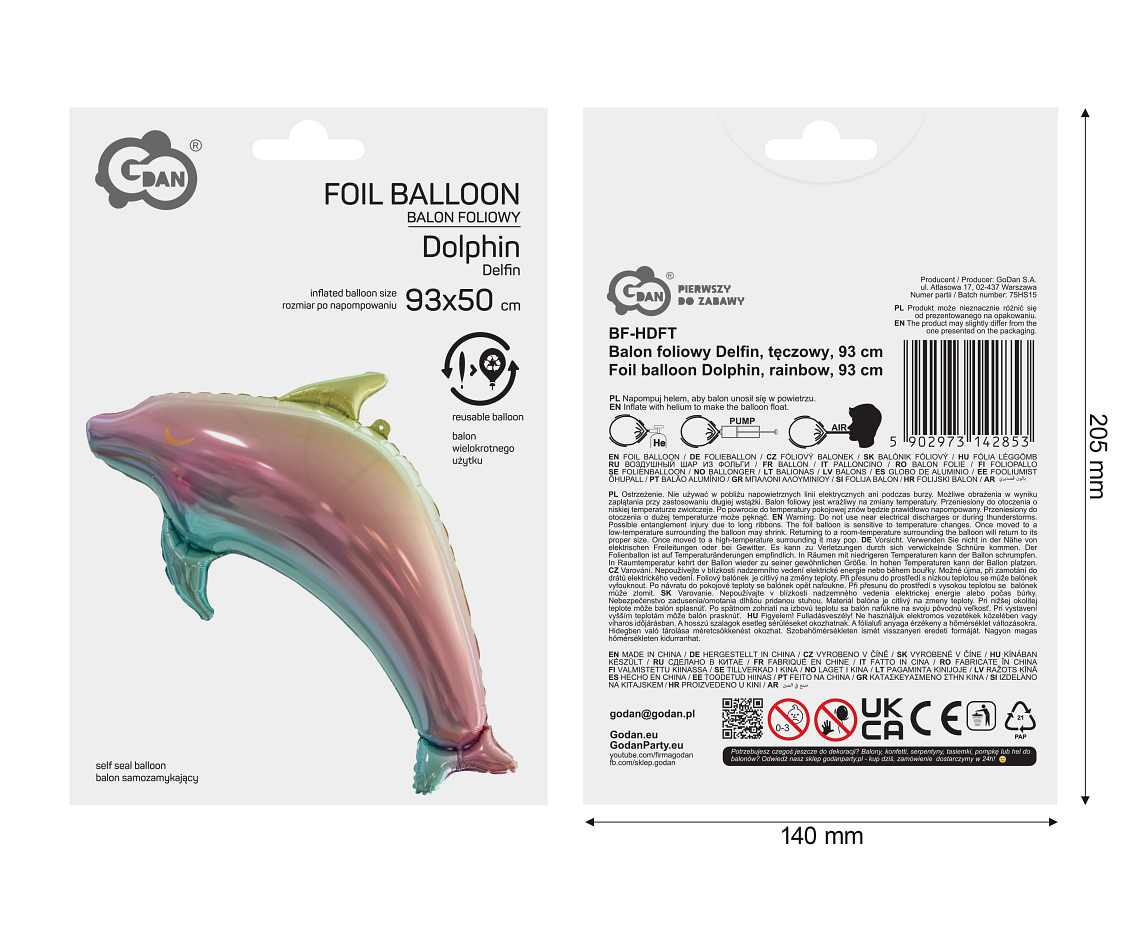 Foil balloon Dolphin, rainbow colour, 93 cm