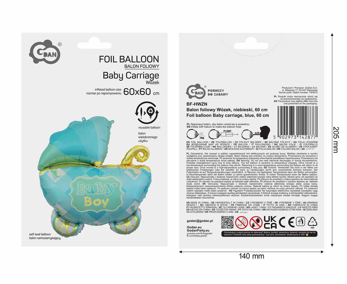 Foil balloon Baby Carriage, blue, 60 cm