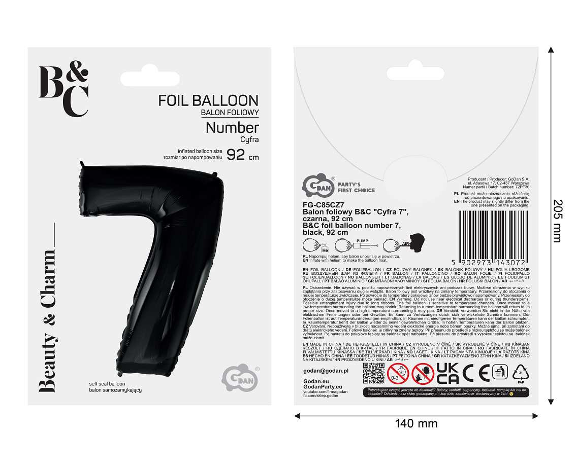 Foil balloon B&C digit 7, black, 92 cm