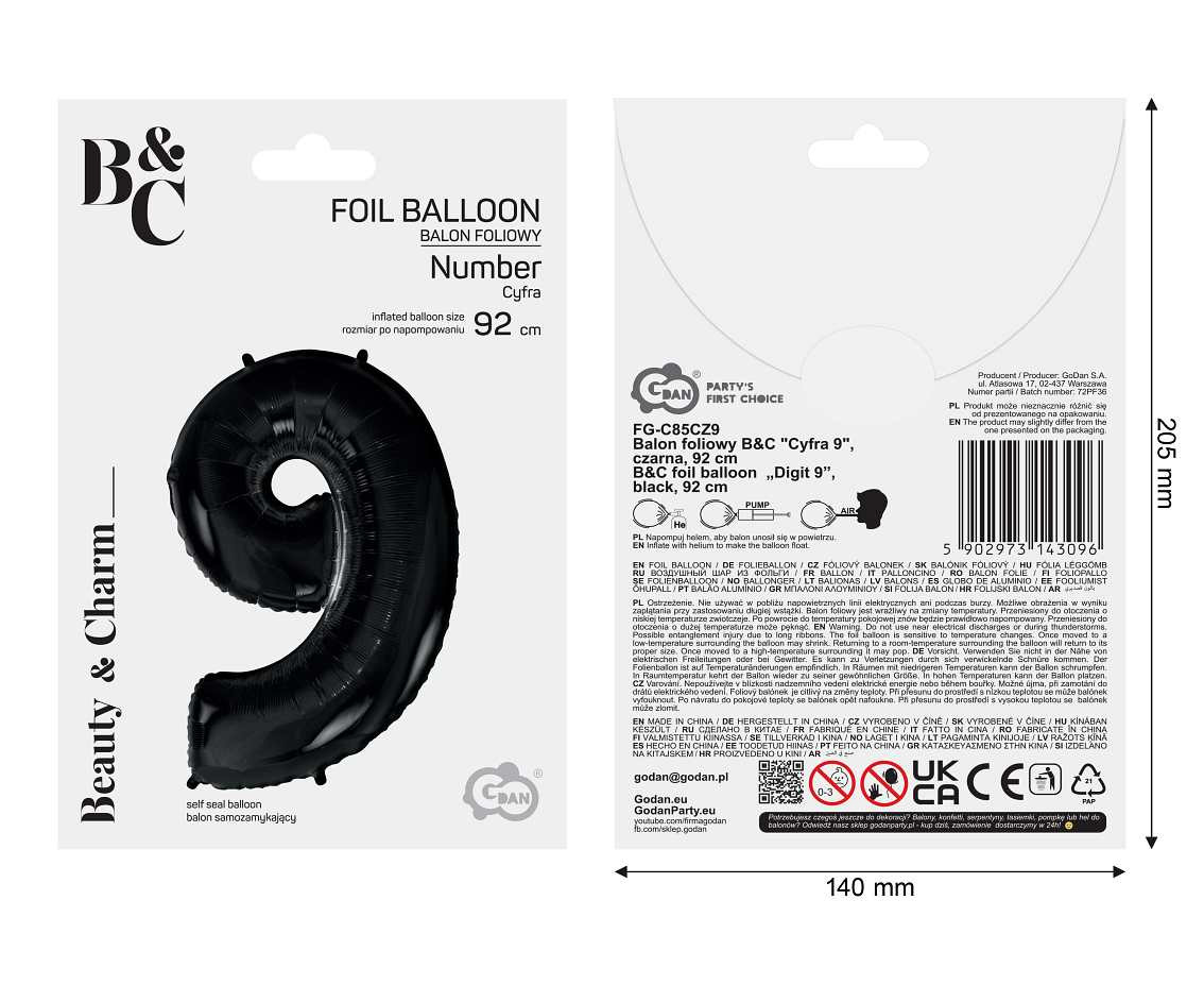 Foil balloon B&C digit 9, black, 92 cm
