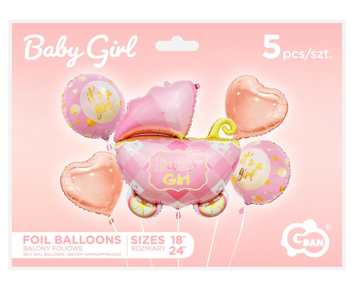 Foil balloon - Baby Carriage set, pink / 5 pcs. EOL