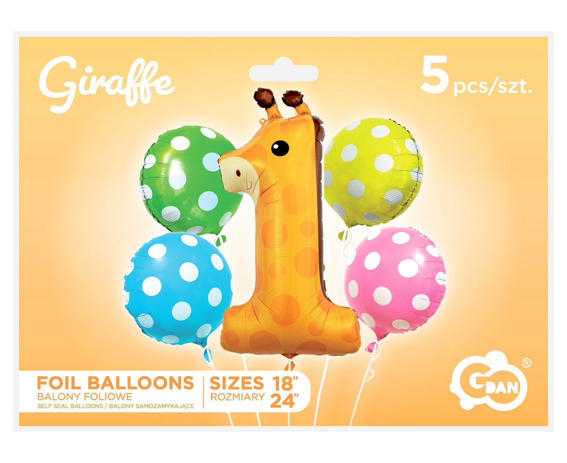 Foil balloon - Giraffe set, digit 1 / 5 pcs. EOL