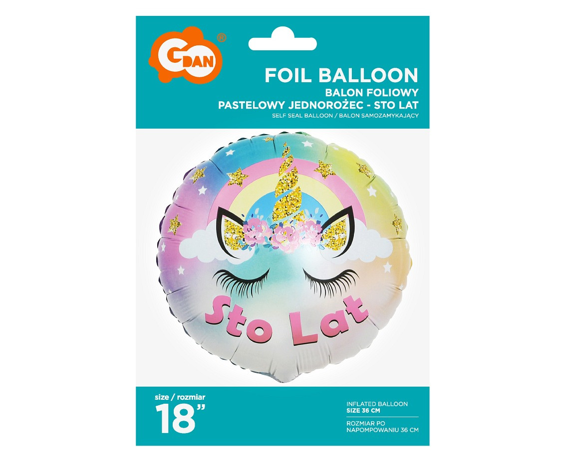 Foil balloon Pastel Unicorn - Sto Lat, 18" EOL