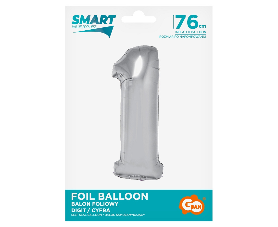 Foil balloon Smart, digit 1, silver, 76 cm