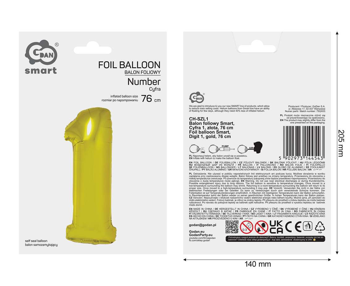 Foil balloon Smart, digit 1, gold, 76 cm
