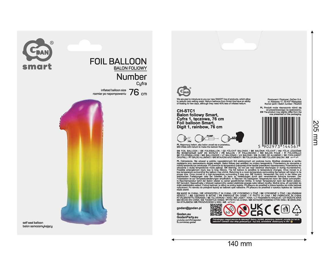 Foil balloon Smart, digit 1, rainbow, 76 cm