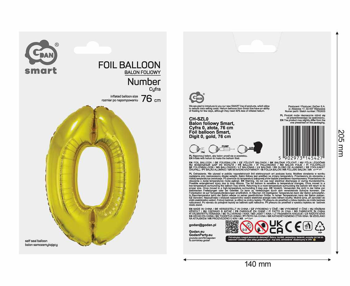 Foil balloon Smart, digit 0, gold, 76 cm