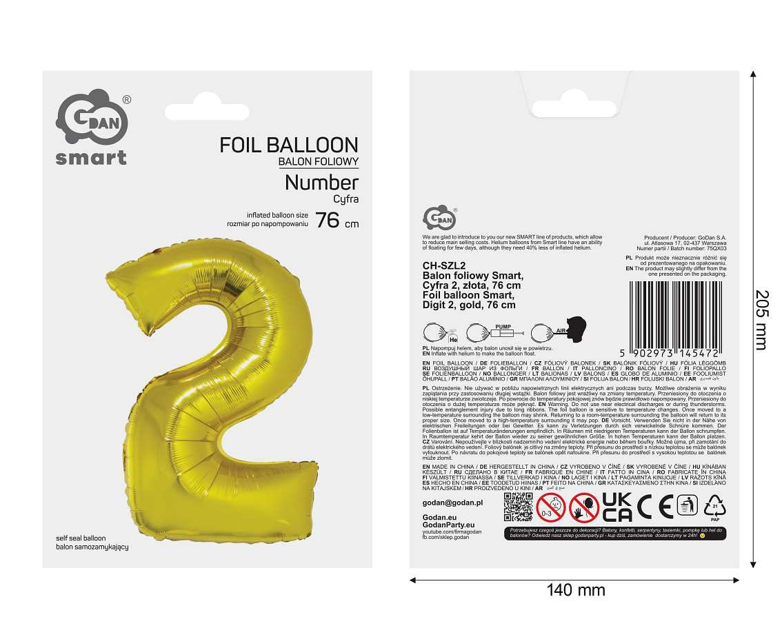 Foil balloon Smart, digit 2, gold, 76 cm