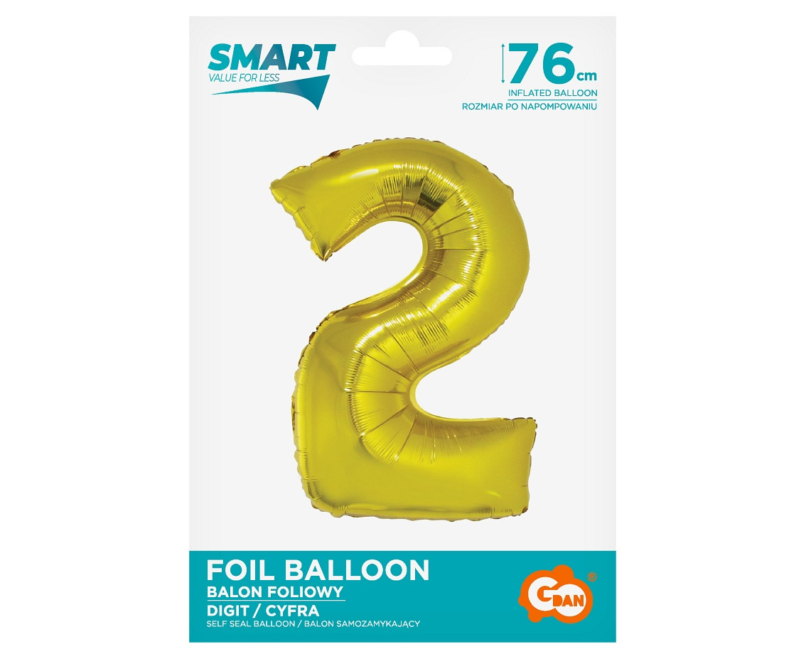 Foil balloon Smart, digit 2, gold, 76 cm