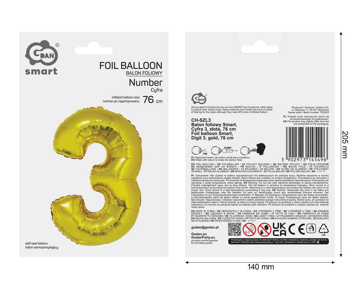 Foil balloon Smart, digit 3, gold, 76 cm