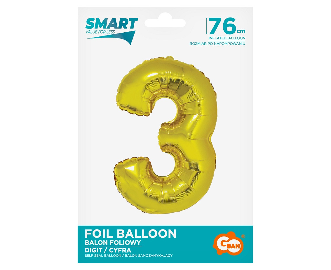 Foil balloon Smart, digit 3, gold, 76 cm