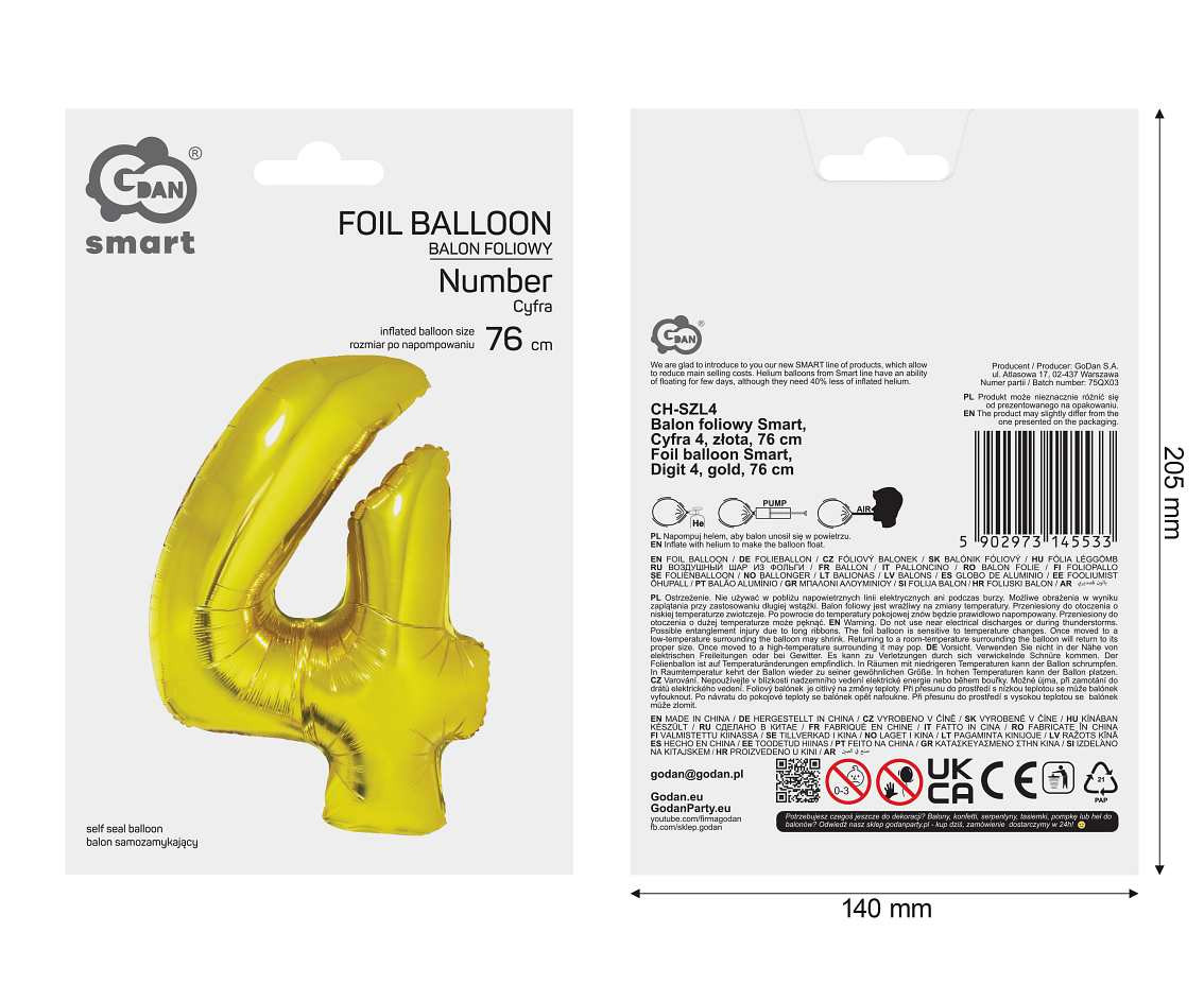 Foil balloon Smart, digit 4, gold, 76 cm
