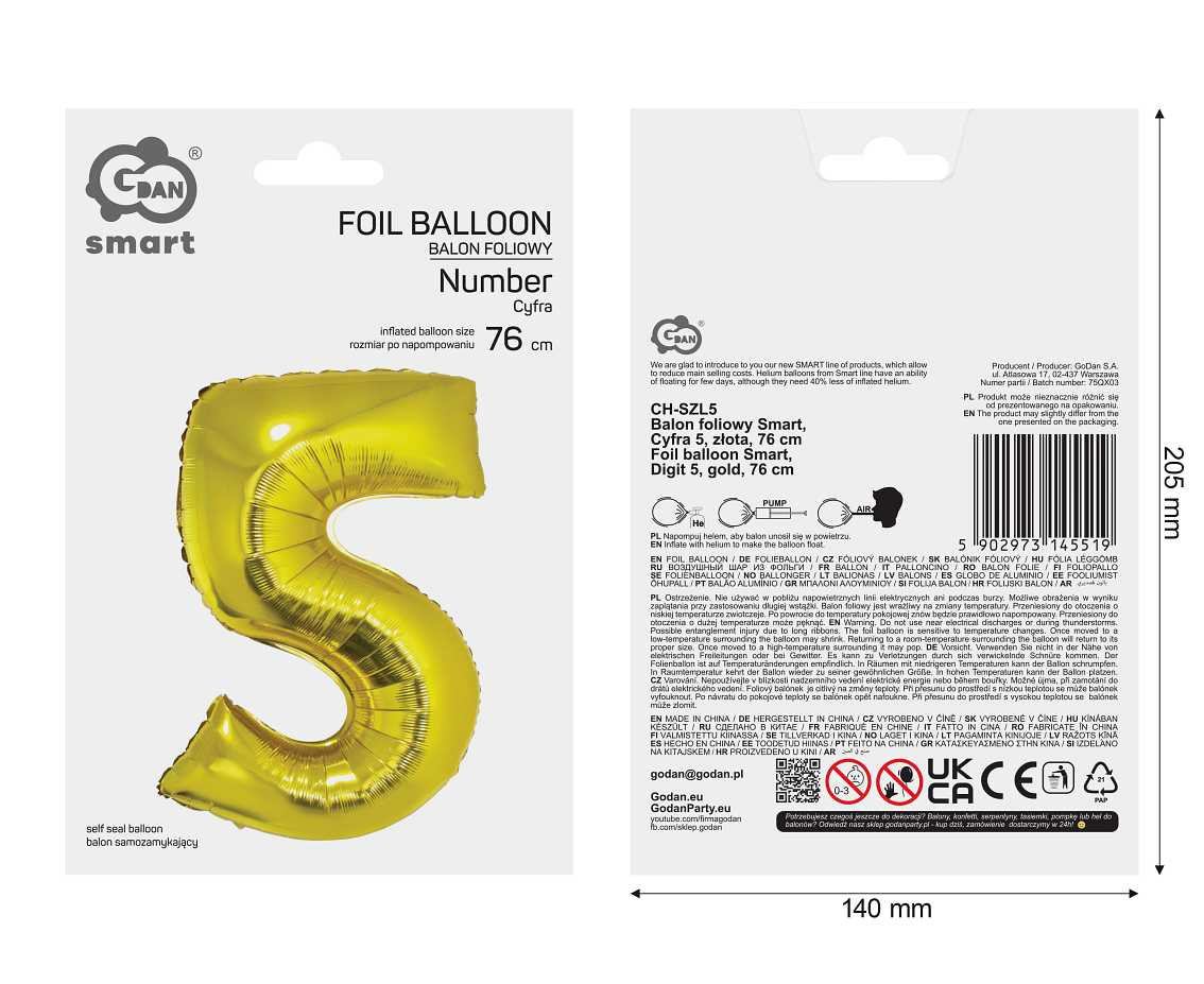 Foil balloon Smart, digit 5, gold, 76 cm