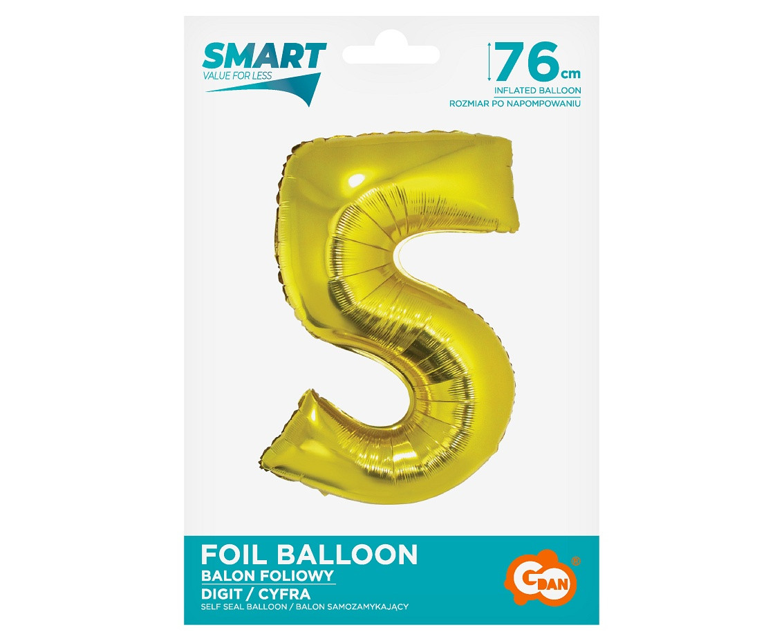Foil balloon Smart, digit 5, gold, 76 cm