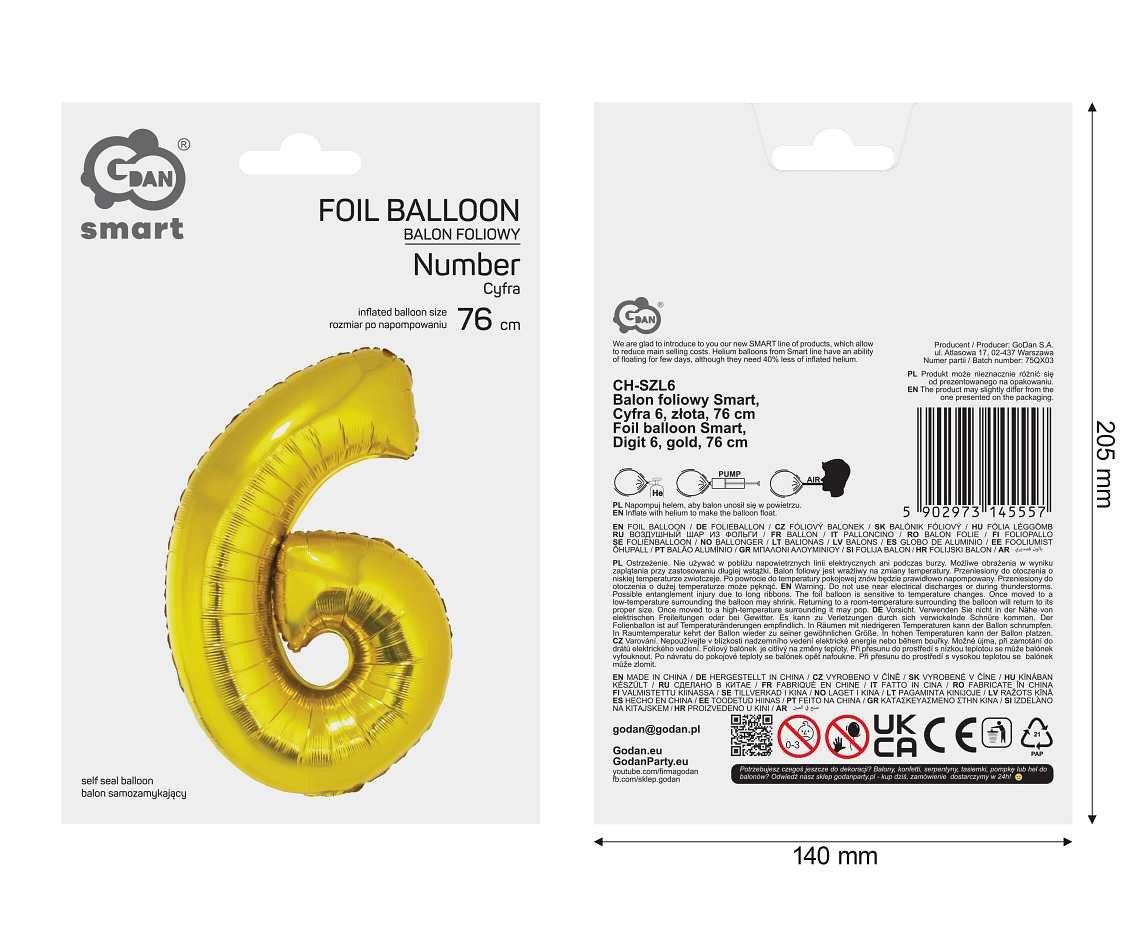 Foil balloon Smart, digit 6, gold, 76 cm