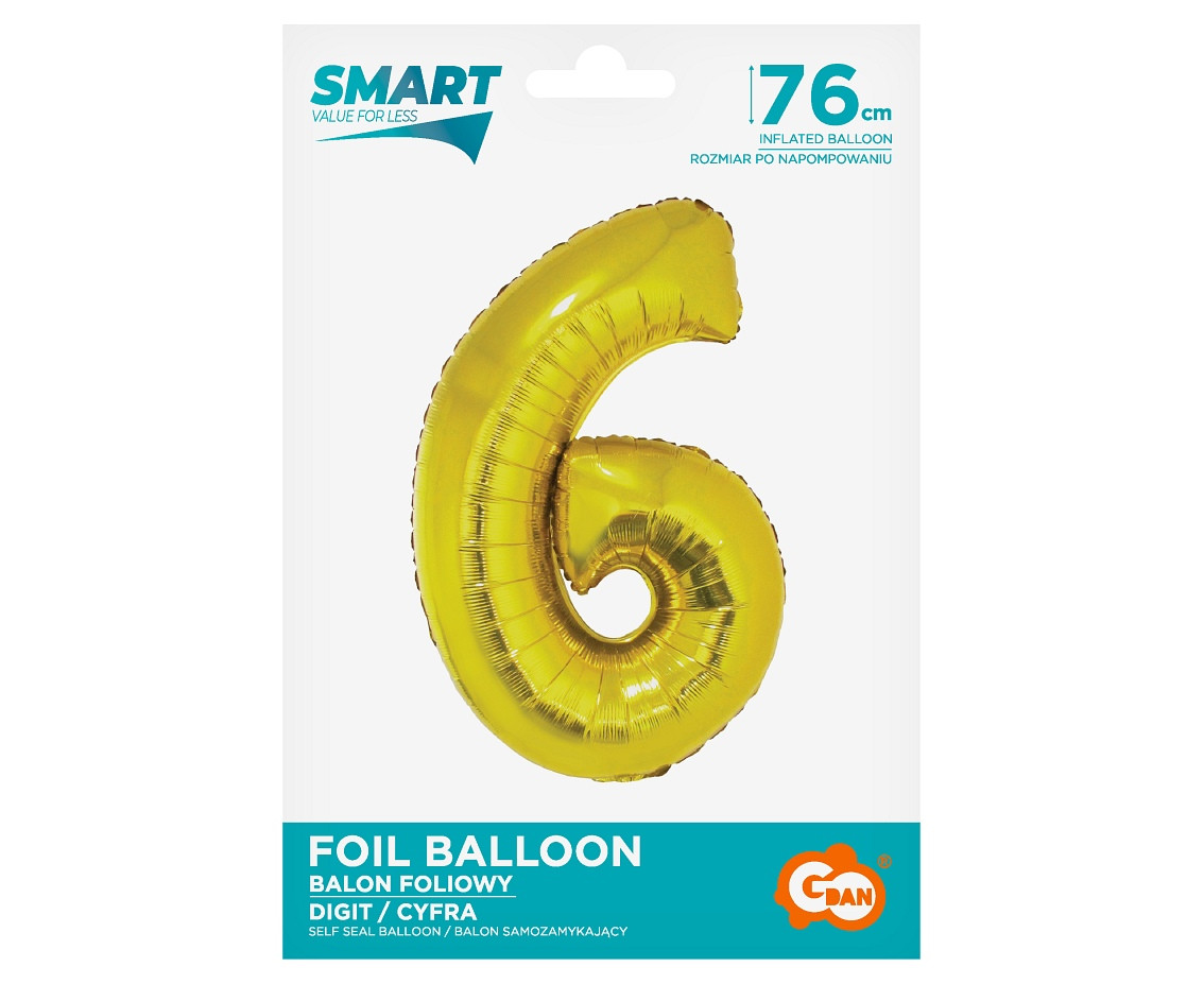 Foil balloon Smart, digit 6, gold, 76 cm