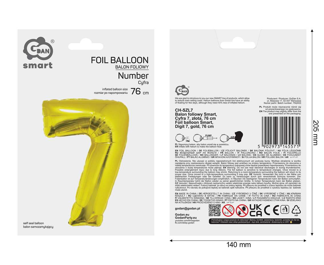 Foil balloon Smart, digit 7, gold, 76 cm
