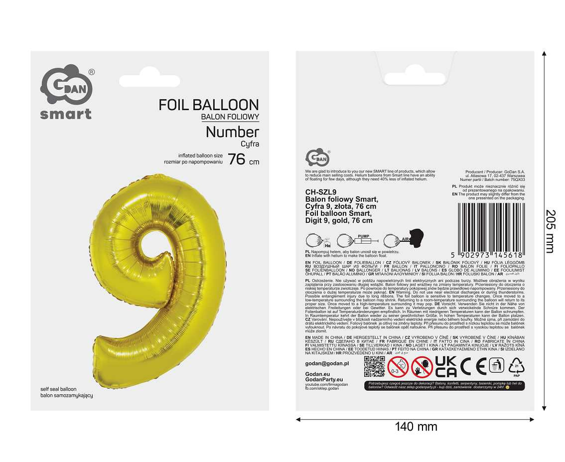 Foil balloon Smart, digit 9, gold, 76 cm