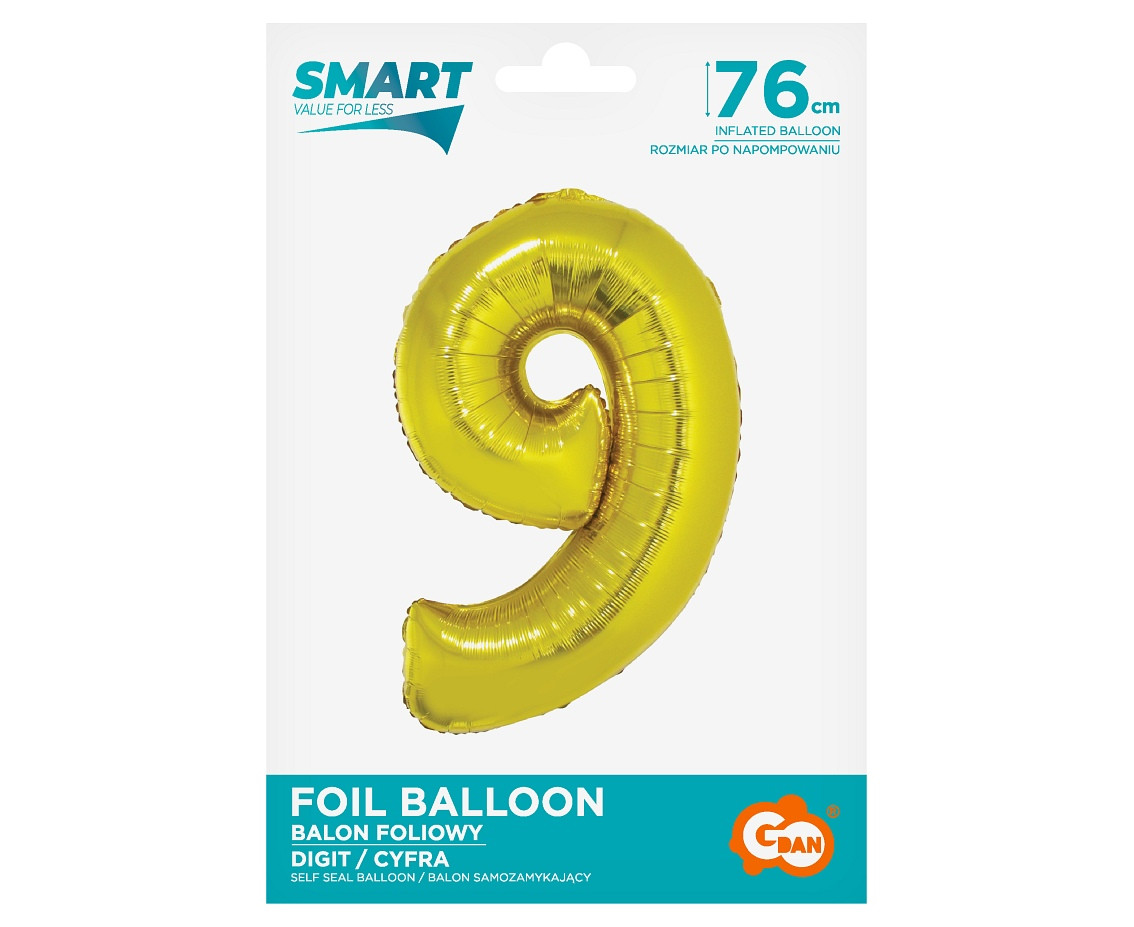 Foil balloon Smart, digit 9, gold, 76 cm