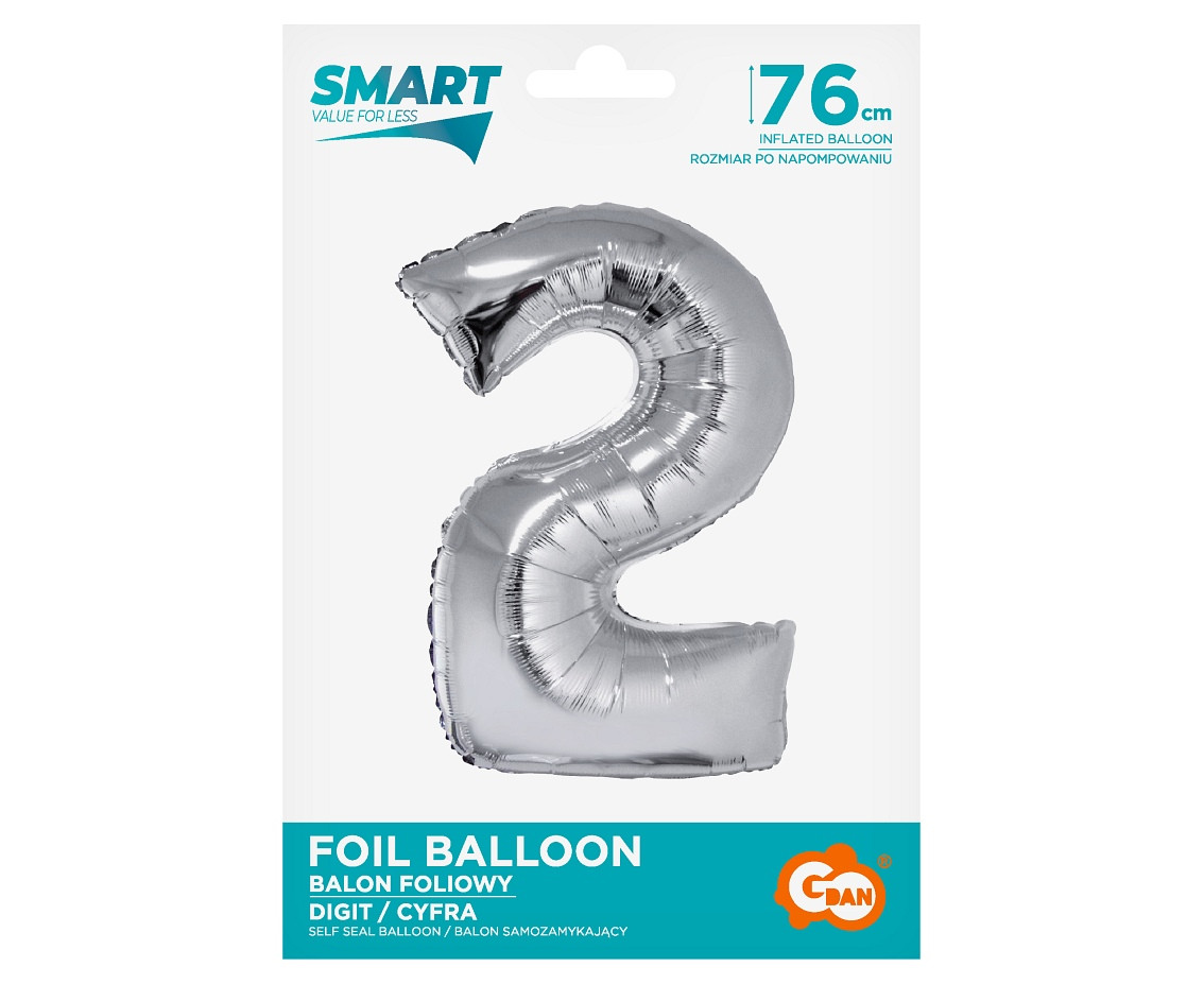 Foil balloon Smart, digit 2, silver, 76 cm