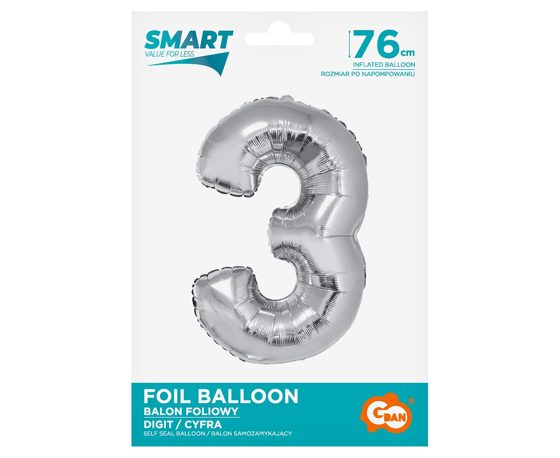 Foil balloon Smart, digit 3, silver, 76 cm