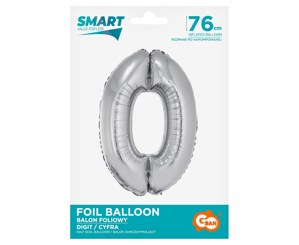 Foil balloon Smart, digit 0, silver, 76 cm